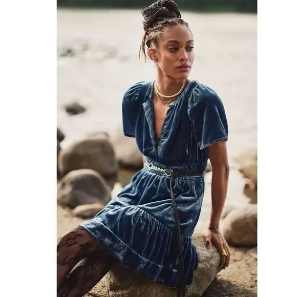 Anthropologie The Somerset Mini Dress: Velvet Edition in Blue Size XXS NWT - Picture 12 of 16